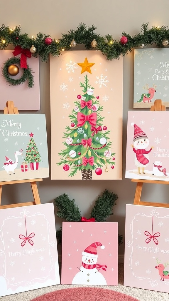 A charming display of girly Christmas paintings with pastel colors and whimsical designs.